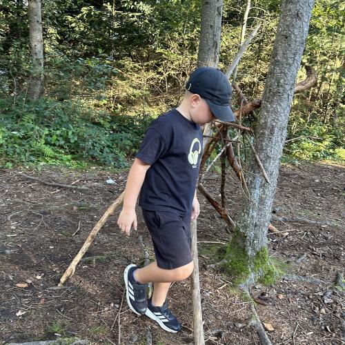 Kinder bauen ein Tipi im Wald