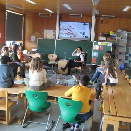 Lehrerin liest vor der Klasse mit Meerschweinchen