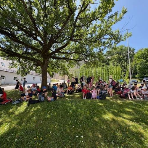 alle 4 Klassen erholen sich im Schatten eines Baumes und warten auf das Essen
