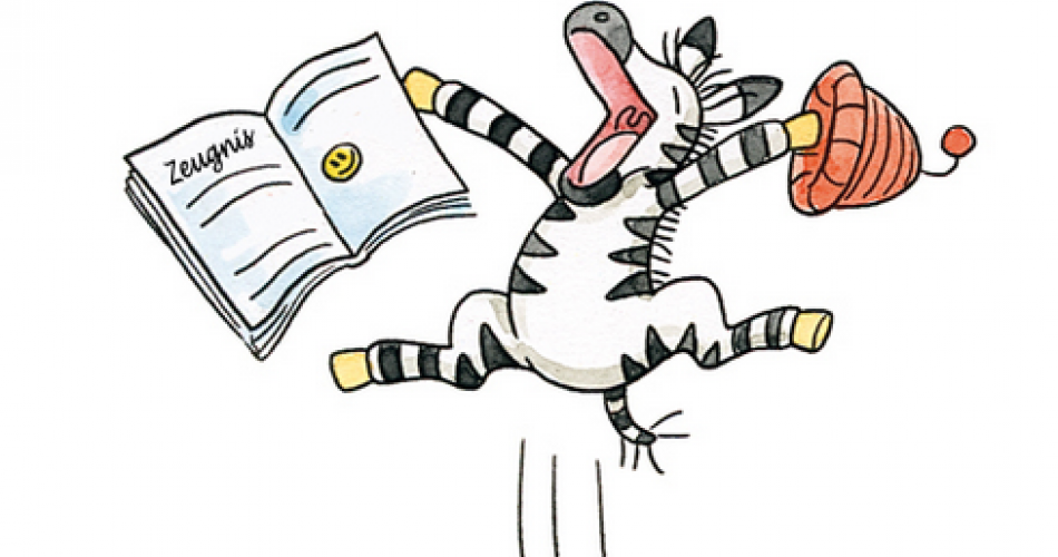Zebra mit Zeugnis in der Hand