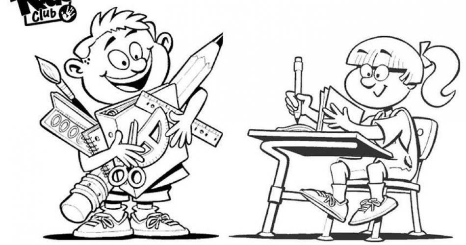 Clipart - Junge mit überdimensionalen Malutensilien und ein Kind am Tisch beim Arbeiten