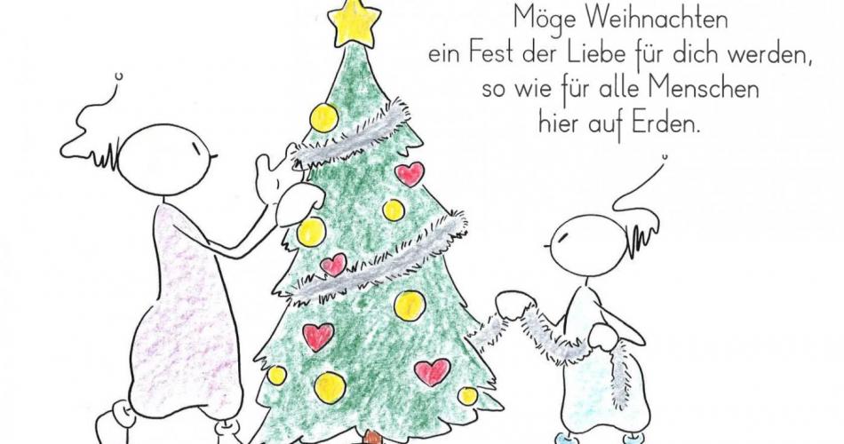 2 OUPS-Männchen schmücken einen Weihnachtsbaum