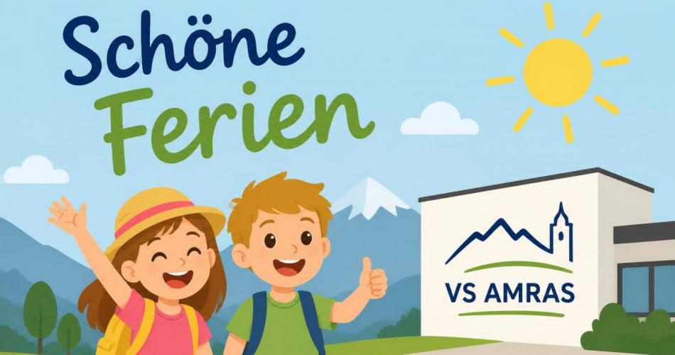 Zeichnung mit 2 Kindern, einem stilisierten Schulhaus und dem Text "Schöne Ferien"