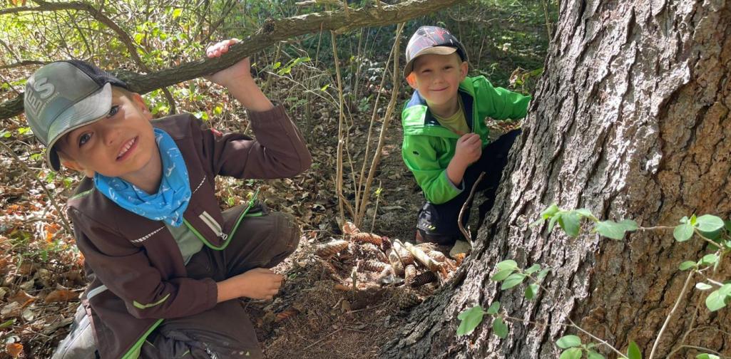 „Zwei Schüler knien im Wald am Fuß eines Baumes und bauen mit Tannenzapfen und Ästen eine kleine Struktur.“