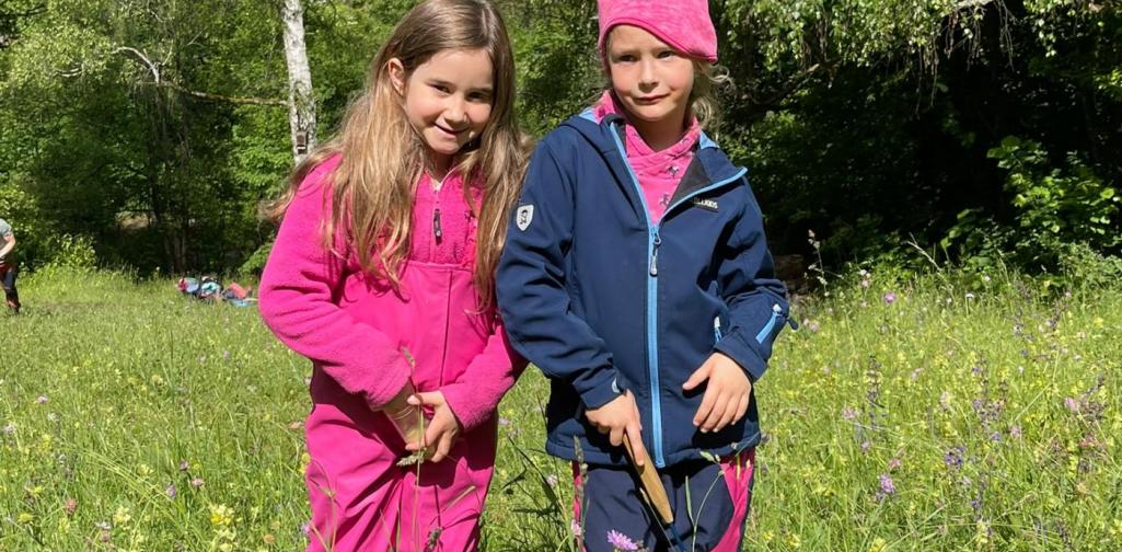 VS Amras Kinder untersuchen bei einer Exkursion eine blühende Wiese und nutzen einen Kescher zur Naturbeobachtung.