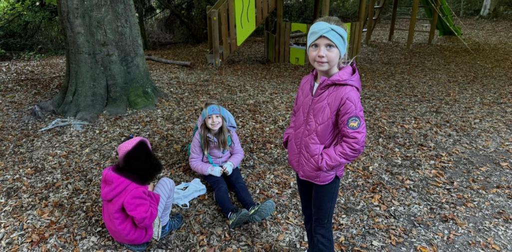 VS Amras Drei Kinder spielen vor einem Waldspielplatz mit Klettergerüst.