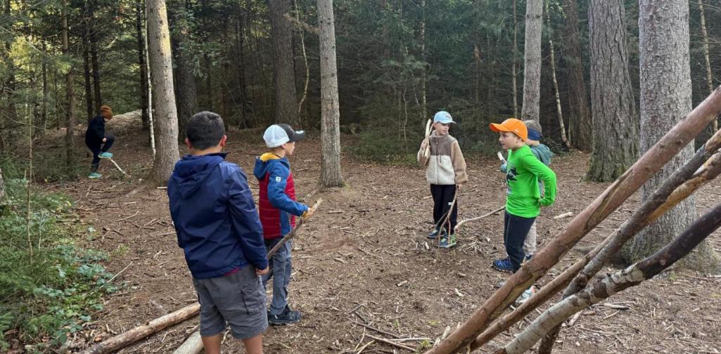 VS Amras Kinder sammeln im Wald Äste für den Bau eines Unterschlupfs.