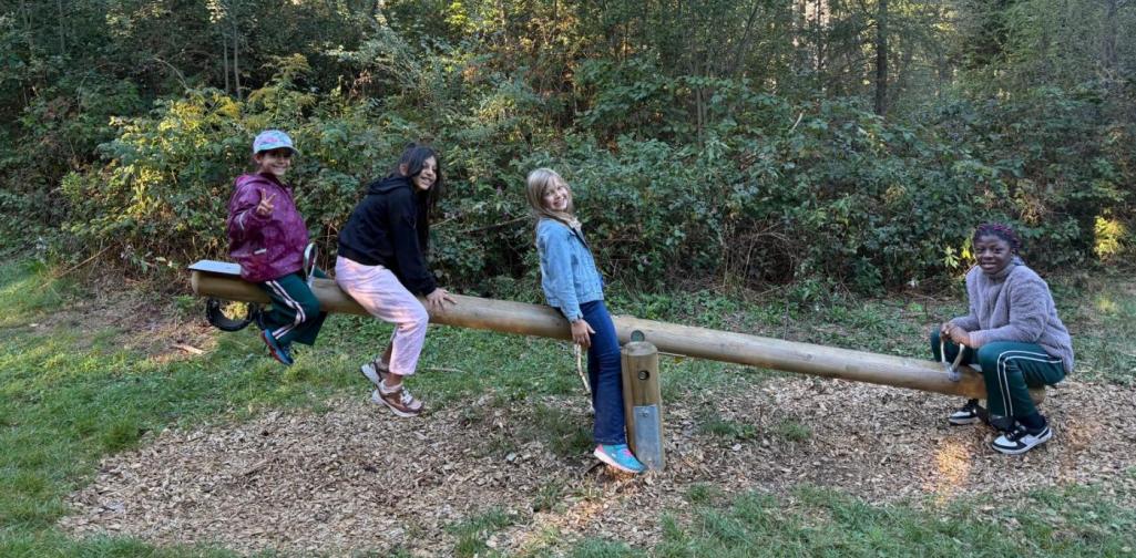 VS Amras Vier Kinder balancieren gemeinsam auf einer Holz-Wippe im Wald.